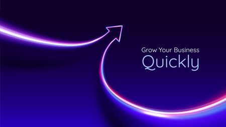 Neon arrow up. Red blue arrow with lights trails. Futuristic 3D style. Business, personal growth, quick result. Innovation technology and finance.のイラスト素材