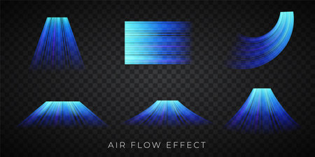 Blue stream of cold air from the conditioner. Clean filtered air flow. Vacuum cleaner suction effect. Wind direction. Isolated on transparent background.のイラスト素材