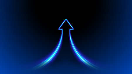 Blue glowing arrow up. Neon lines combining upward, symbol of growth, synergy, success. Futuristic tech concept on dark gradient background.のイラスト素材