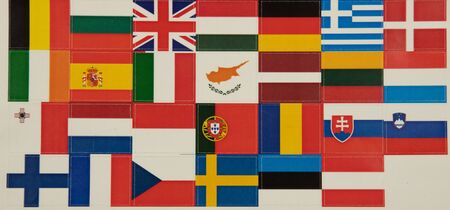 Stickers of flags of the countries of the European Union with the flag of Great Britain. Background...