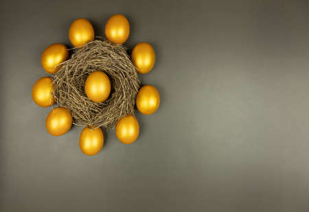 nest with a golden egg surrounded by golden eggs in a circle, gray backgroundの写真素材
