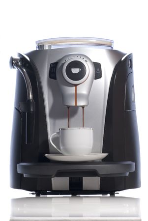 espresso machine and coffee cup on white background. の写真素材