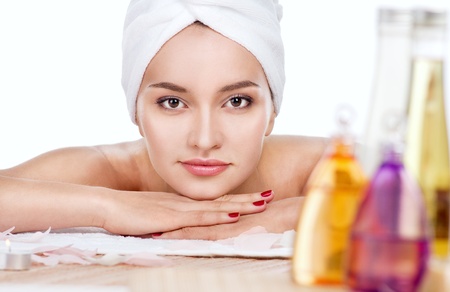 Beautiful woman having relax in spa salonの写真素材
