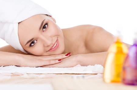 Beautiful woman having relax in spa salonの写真素材