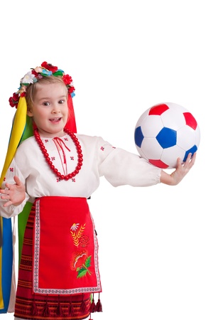 Euro 2012 fan - Little girl in traditional ukrainian clothes with ballの写真素材