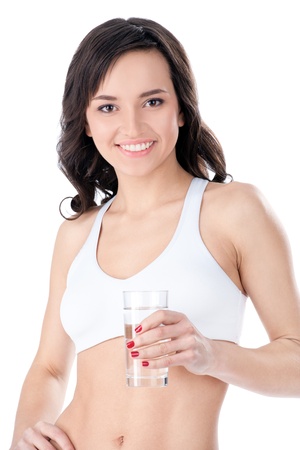 Beautiful healthy fitness girl drinking clean water の写真素材