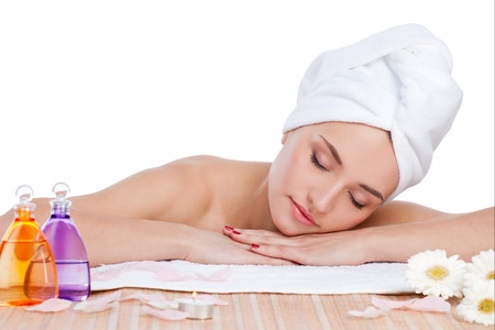 Beautiful woman having relax in spa salonの写真素材