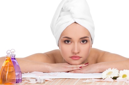 Beautiful woman having relax in spa salonの写真素材