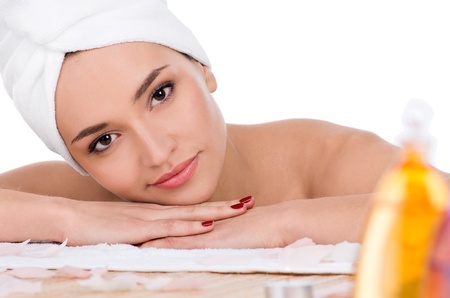 Beautiful woman having relax in spa salonの写真素材
