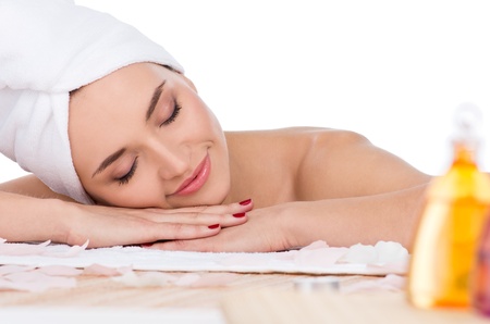 Beautiful woman having relax in spa salonの写真素材