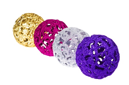 Three pink baubles for christmas firtree on white backgroundの写真素材