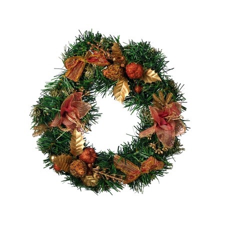 Christmas wreath with bows isolated on white backgroundの写真素材