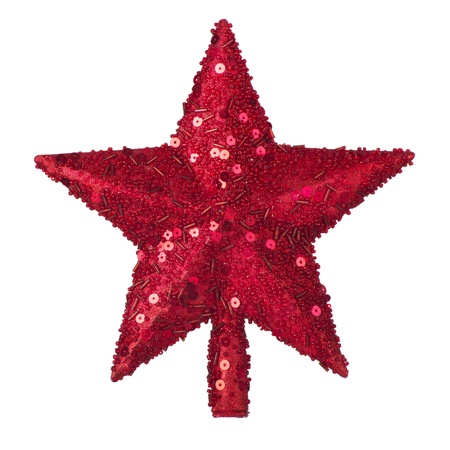 golden Christmas star decoration for hanging on tree, isolated on whiteの写真素材