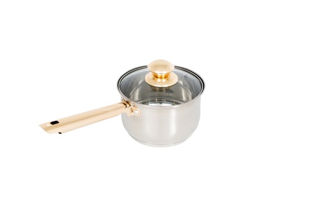 saucepan with glass lid isolated on whiteの写真素材