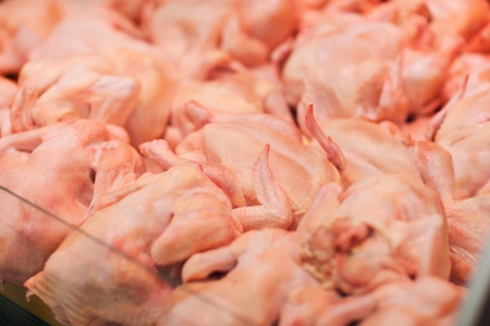 Fresh carcasses of the chickens on shelf in supermarketの写真素材