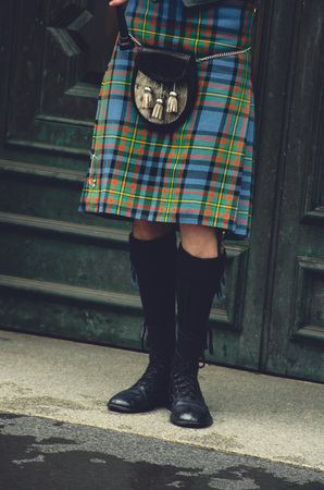 Bagpiper's legs at traditional dress in Edinburgh, Scotlandの写真素材
