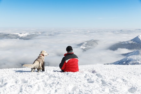 Hiker and his dog, Golden retriever, watching the beautiful mountain landscape. Beautiful inspirational landscape, trekking and activityの写真素材