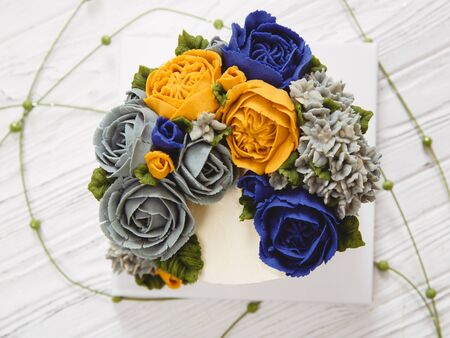 Wedding, festive, birthday biscuit cake with rose flowers. Valentine's day, Mother's Day, Birthday Cake card.の写真素材