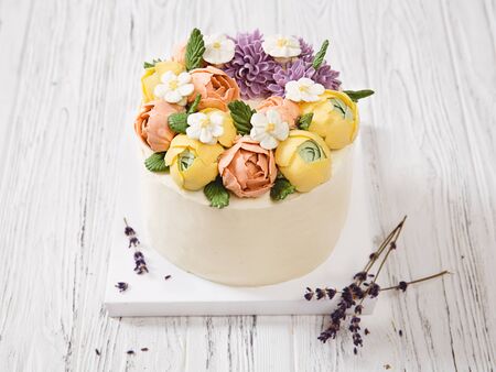 Wedding, festive, birthday biscuit cake with rose flowers. Valentine's day, Mother's Day, Birthday Cake card.の写真素材