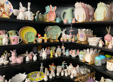 Kryvyi Rih, Kryvyi Rih / Ukraine-August 22, 2020: Set of colorful tableware for children. Tableware and decor for a children's holiday. Shelf with ceramics in the store.のeditorial素材