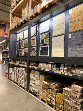 Kryvyi Rih, Kryvyi Rih / Ukraine-August 22, 2020: Assortment of building materials. Facing stone for home decoration, different colors.のeditorial素材