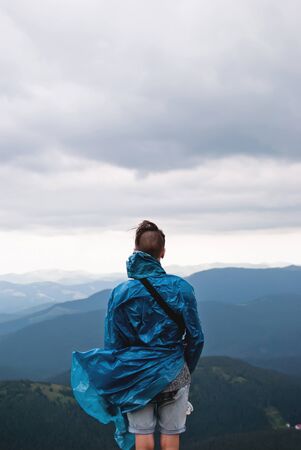Traveler looking at the blue Carpathian mountains.の写真素材