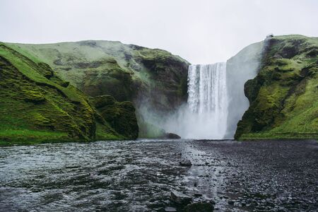 The panorama of the famous Skogarfoss waterfall in Iceland. A part of the Golden Circle routeの写真素材