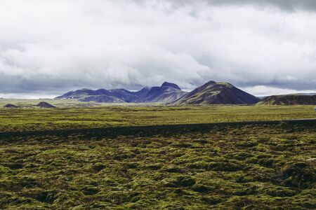 Endless landscapes of Iceland. Pale green grass and misty mountains under gray rainy clouds.の写真素材