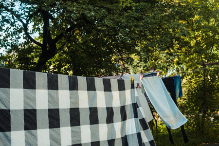 Clean laundry hanging on a clothing line against green garden backgroundの写真素材