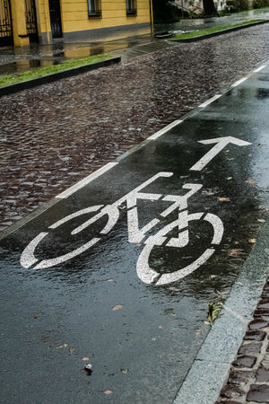 Bright white sign of a bike on a bike path by wet paved road. Cold rainy day in October.の写真素材