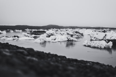 Jokulsalron glacial lake in Iceland. Black and white