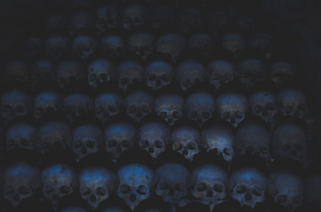 Collection of skulls covered with spider web and dust in the catacombs. Numerous creepy skulls in...
