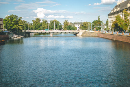Bridge over Odra river in Wroclaw, Poland. Sunny summer afternoonの写真素材
