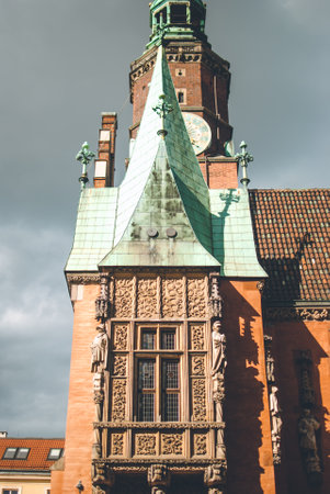 Balcony and other architectural elements of a city hall building. Wroclaw, Polandの写真素材