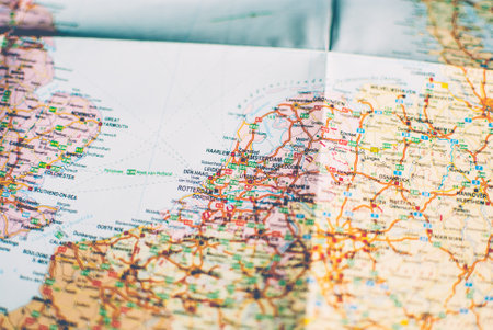 Closeup of a traveler's road map in vintage retro colors.  Rotterdam, Amsterdam, and Groningen in Netherlandsの写真素材