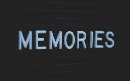 Word memories written on the letter board. White letters on the black background.の写真素材