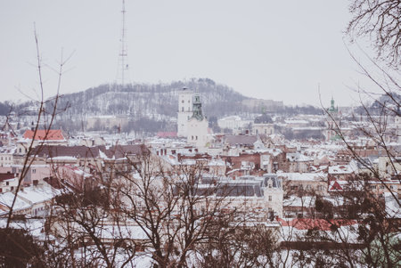 Central historical part of Lviv, Ukraine. Winter cold afternoon. Panorama. Lviv, Ukraine.の写真素材