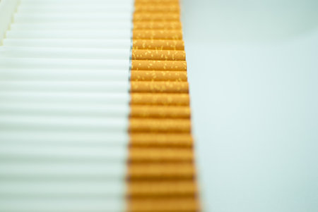 Multiple white cigarettes (tubes) with yellow filters in a row. Isolatedの写真素材