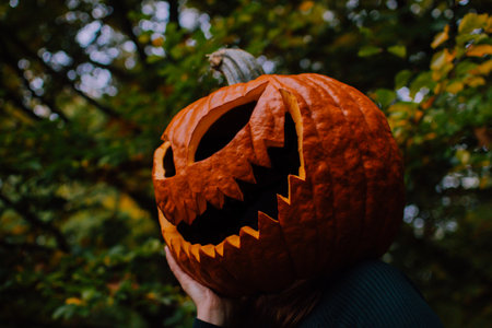 A woman with a pumpkin head on halloween in the forest. Halloween costume idea for a womanの写真素材