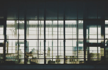 Black sillhouettes of people huttying up to take a train on a subway station behind glass windows filled with sunshine. Berlin, Germanyの写真素材