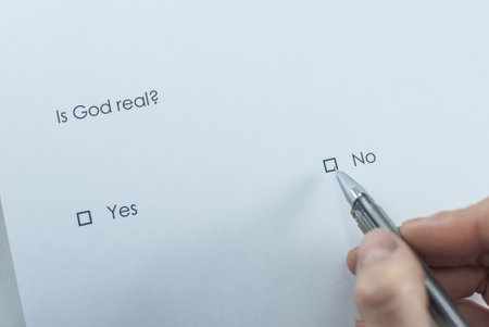 Survey question: Is God real? Answer: No.の写真素材