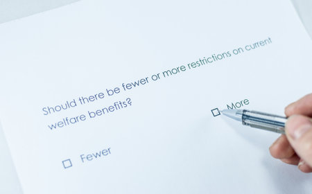 Questionnaire: Should there be fewer or more restrictions on current welfare benefits? Answer: More.