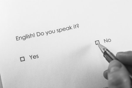 Survey question: English! Do you speak it? Answer: No.の写真素材