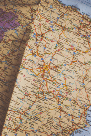 Closeup of a traveler's road map in vintage retro colors. Traveling across Europe. Madrid, Spainの写真素材