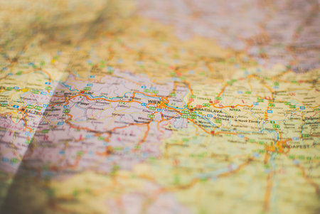 Closeup of a traveler's road map in vintage retro colors. Wien, Austriaの写真素材