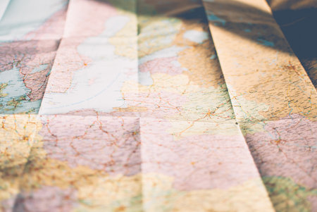 Closeup of a traveler's road map in vintage retro colors. Countries of the Central and Northern Europeの写真素材