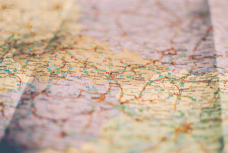 Closeup of a traveler's road map in vintage retro colors. Brno, Czech Republicの写真素材