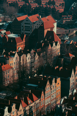Aerial view of GdaÅ„sk city center with colorful rooftops on historic houses