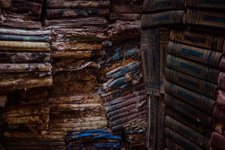 Flooded and weathered books stacked as a textured background, symbolizing history, education, fiction, and the resilience of knowledge.の写真素材