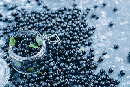 Freshly picked blueberries in glass bowl. Blueberry antioxidant organic superfood in a bowl concept for healthy eating and nutritionの写真素材